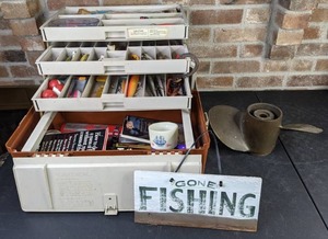 lot 693 image: Plano Tacklebox Full of Fishing Gear, Trolling Motor Prop and Gone Fishing Sign