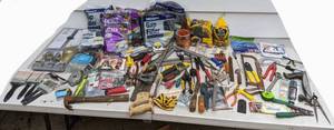 lot 730 image: Assortment of Tools Brushes, Wrenches, ScrewFlat Head Drivers, Hand Saw, Steel Wool, Tape and More