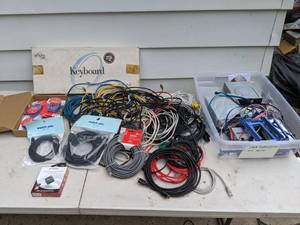 lot 670 image: Collection of Cables & Wires RCA Network Cable, HDMI Cable, HDMI Adapter, Keyboard, SATA Hard Drives, Data Drives, and More