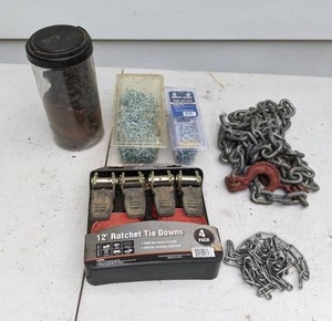 lot 649 image: Chains and More Chains and a 4-Pack of 12 Sontax Ratchet Tie Downs