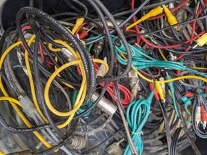 lot 668 image: Large Bin Full of Audio and Power Cables, Including Partial Spool of CCTV Combo Cable