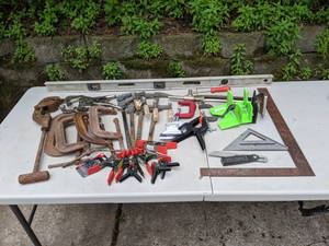lot 744 image: Assortment of Tools Level, Clamps, Right Angle Ruler and More