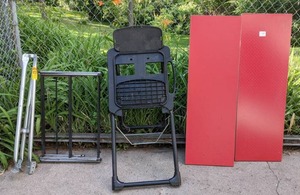 lot 783 image: Industrial Shelves, Coleman Grill Stand, Drying Rack, and Antenna Tripod