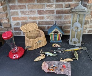 lot 696 image: The Birds and the Fishes Hummingbird Feeder, Bird House, Bird Feeder, Fish Decor, and Fishing Basket, Flies & Lures