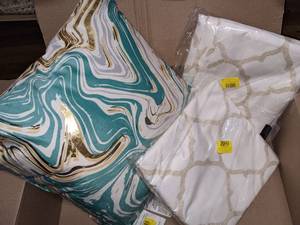 2 Pair of 38 x 84 White & Gold Geometric Curtain Panels and Harper Lane Teal Marble Throw Pillow
