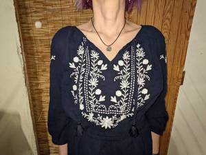 Talbots Navy and White Boho Midi Dress, Size Large