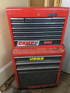 lot 6 image: Jegs 3-Drawer Rolling Cart (Bottom) and Husky Multi-Drawer Tool Chest with All Contents