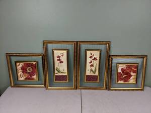 lot 114 image: (4) Beautiful Red Flower Gold Framed Wall Art