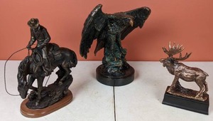 lot 21 image: Collection of 3 Beautiful Figurines  Moose, Cowboy on Horseback and Eagle