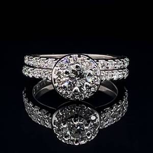 lot 9 image: Wedding Set - Engagement Ring & Wedding Band Bridal 2-Piece, .88ctw Diamonds in 14k White Gold $2999 Retail VIDEO