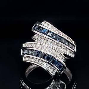 lot 13 image: Luxurious 1.50 Carat Natural Sapphire & Diamond Double Wave Bypass Cocktail Ring in 14k White Gold $2550 Retail VIDEO No Reserve 