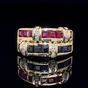 lot 34 image: Double Luxury Natural Ruby & Sapphire Diamond Channel Band Tapered Cocktail Ring in 14k Yellow Gold $2100 Retail VIDEO