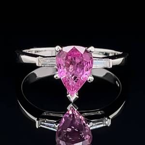lot 35 image: Classic Color Pear Natural Pink Sapphire & Baguette Diamond 3-Stone Estate Ring in 18k White Gold $2225 Retail VIDEO