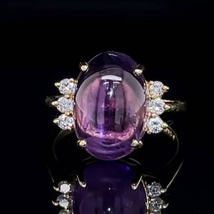 lot 50 image: Contemporary Color Amethyst Oval Cabochon & Diamond Estate Cocktail Ring in 14k Yellow Gold $1475 Retail