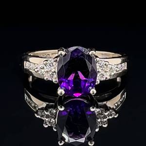 lot 52 image: Incredible Purple Fine Quality Oval Amethyst & Diamond 3-Stone Estate Cocktail Ring in 14k Yellow Gold $2399 Retail