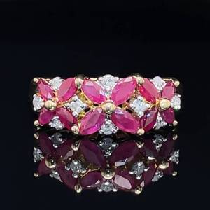 lot 54 image: Gorgeous 1.10ctw Four Row Natural Ruby & Diamond Flower Cluster Tapered Band Estate Ring in 14k Yellow Gold $1999 Retail