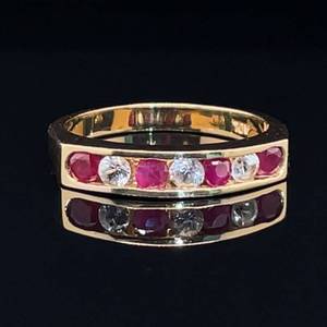 lot 55 image: Classic Color Natural Ruby & Diamond Channel Set Square Shoulder Channel Band Estate Ring in 14k Yellow Gold $1550 Retai