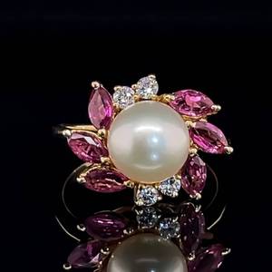 lot 56 image: Stunning Shimmer Round Pearl & Ruby, Diamond Cluster Flower Ring in 14k Yellow Gold $1650 Retail