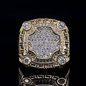 lot 62 image: Royalty Statement Glamor Cubic Zirconia Square Top Fancy Cluster Signet Statement Ring in Yellow Gold
