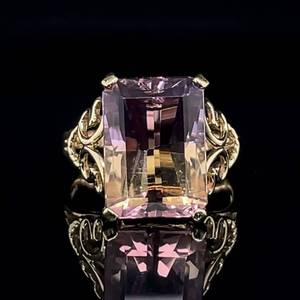 lot 67 image: Statement Style Large Emerald Cut Ametrine Solitaire Filigree Ribbon Ring in Yellow Gold $1350 Retail