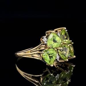 lot 74 image: Gorgeous Luster Heart-Shaped Peridot & Diamond Cluster Cocktail Estate Ring in Yellow Gold