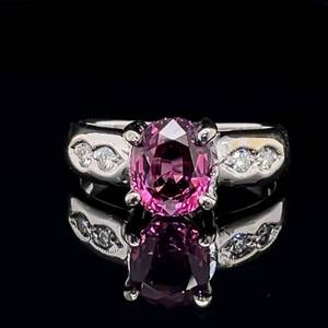 lot 75 image: Pretty in Pink Oval Pink Tourmaline Solitaire & Diamond Estate Ring in 18k White Gold