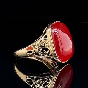 lot 77 image: Statement Large Oval Cabochon Carnelian Filigree Vintage Style Ring in 14k Yellow Gold