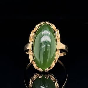 lot 82 image: Rich Green Jade Cabochon Solitaire Vintage Cocktail Ring in 14k Yellow Gold