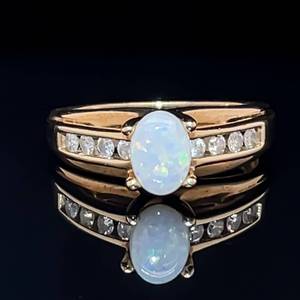 lot 86 image: Shimmering White Opal & Diamond Channel Birthstone Ring in Yellow Gold $1050 Retail