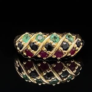 lot 91 image: Luxurious Color Natural Emerald, Ruby & Sapphire Woven Basket Tapered Band Dome Ring in 14k Yellow Gold $1750 Retail