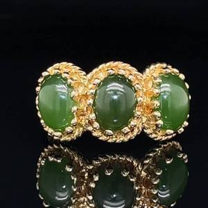 lot 107 image: Beaded Green Jade 3-Stone Cabochon Estate Split Shank Twisted Rope Ring Stamped RUMANY in 14k Yellow Gold Estate