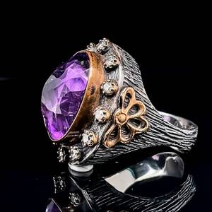 lot 116 image: Gothic Large Statement Amethyst Oval Fantasy Nature Ring in 925 Sterling Silver & Copper Rustic Finish Highly Detailed