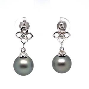 lot 48 image: Filigree Flower Black Cultured Tahitian Pearl & Diamond Dangle Estate Formal Earrings in 14k Gold $1400 Retail