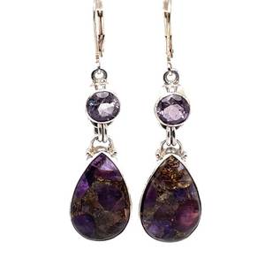 lot 118 image: Bohemian Fancy Rustic Amethyst 2-Stone Raindrop  Dangle Leverback Earrings