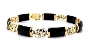lot 46 image: Mint Condition Black Jade Rectangular Link Lucky Elephant Filigree Bracelet in 14k Yellow Gold