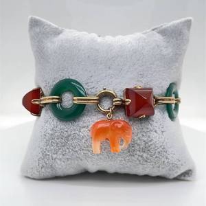 lot 78 image: Asian Lucky Elephant Very Fine Carnelian & Jade Retro-Geometric Cabochon Chunky Link Vintage Estate Bracelet in 14k Yellow Gold