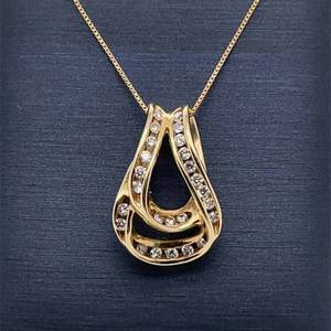 lot 69 image: Modern 0.75ctw Diamond Free Form Love Knot Double Ribbon Channel Slide Pendant in 14k Yellow Gold $1999 Retail