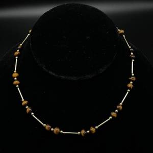 lot 88A image: Super-Chic Double Bead Tigers Eye & Tube Link Layering Necklace in 14k Yellow Gold