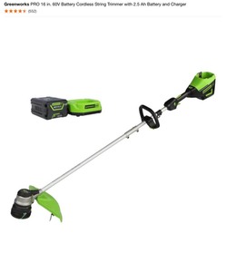 Greenworks PRO 16 in. 60V Battery Cordless String Trimmer with 2.5 Ah Battery and Charger. See Pictures