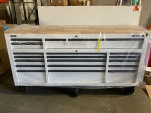 Husky 72 in. W x 24 in. D Heavy Duty 18-Drawer Mobile Workbench Tool Chest with Adjustable Height Wood Top in Matte White. See Pictures
