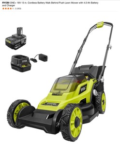 RYOBI ONE 18V 13 in. Cordless Battery Walk Behind Push Lawn Mower with 4.0 Ah Battery and Charger. See Pictures