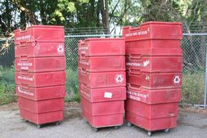 lot 142 image: Lot of 14 Large Plastic Stackable Recycling Bins  Carts with Casters - Various Condition (as pictured)