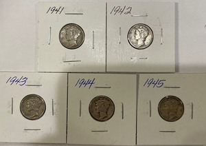 Five Different Mercury Dimes - 1941 to 1945