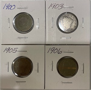 Four Different Liberty Head Nickels - 1900, 03, 05, & 06