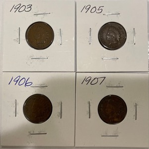 Four Different Indian Head Pennies - 1903, 05, 06, & 07
