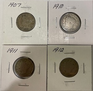 Four Different Liberty Head Nickels - 1907, 10, 11, & 12