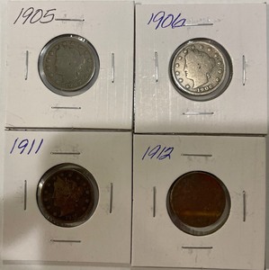 Four Different Liberty Head Nickels - 1905, 06, 11, & 12