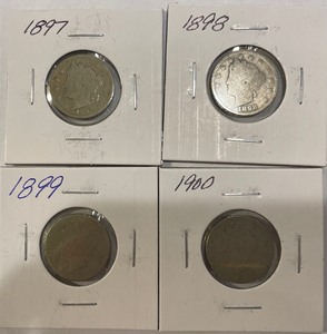Four Different Liberty Head Nickels - 1897, 1898, 1899, & 1900