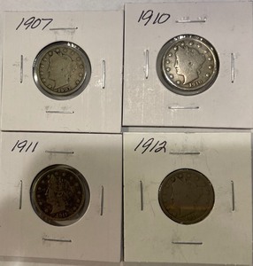 4 Liberty Head Nickels - 1907, 10, 11, & 12
