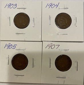 4 Indian Head Pennies - 1903, 04, 05, & 07